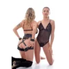 ARNES DE CINTURA Y MUSLERA REFORZADA CON ESPOSAS DE MOSQUETON DESMONTABLES - ECO CUERO NEGRO